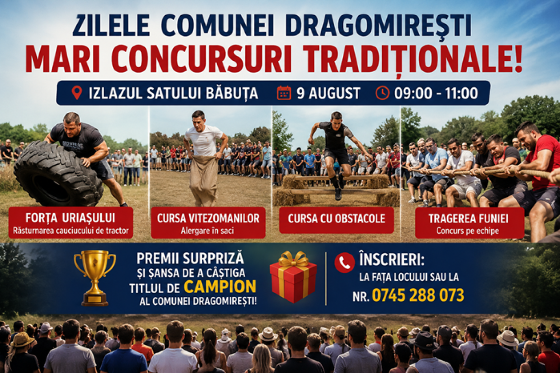 Dragomirești dă startul marilor concursuri tradiționale de Ziua Comunei! Forță, viteză și premii pentru cei mai buni